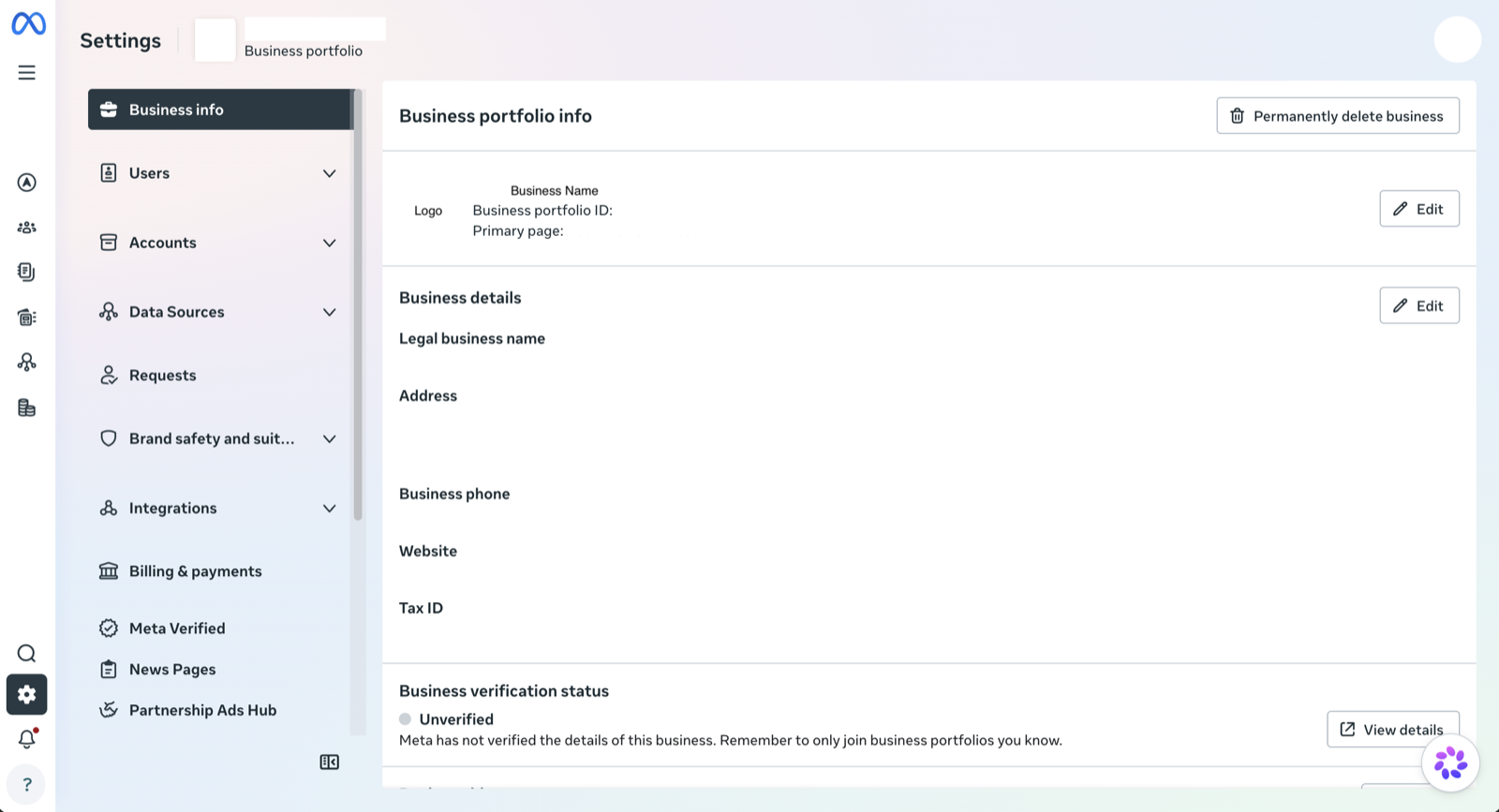 Meta Business Portfolio settings sidebar, with sections for Users, Accounts, Data sources, and Brand safety