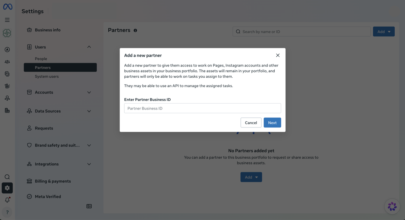 Meta 'Give a partner access to your assets' dialog, where you enter the partner Business ID