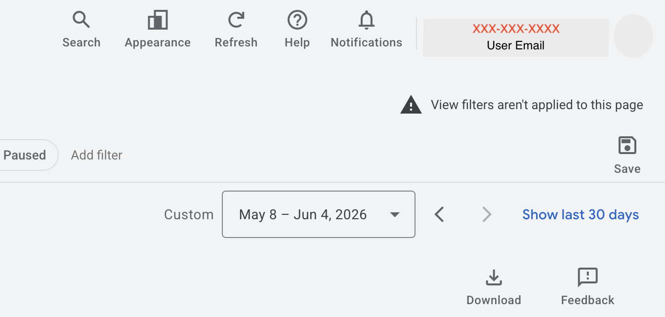 Google Ads top navigation showing the 10-digit Customer ID in format XXX-XXX-XXXX