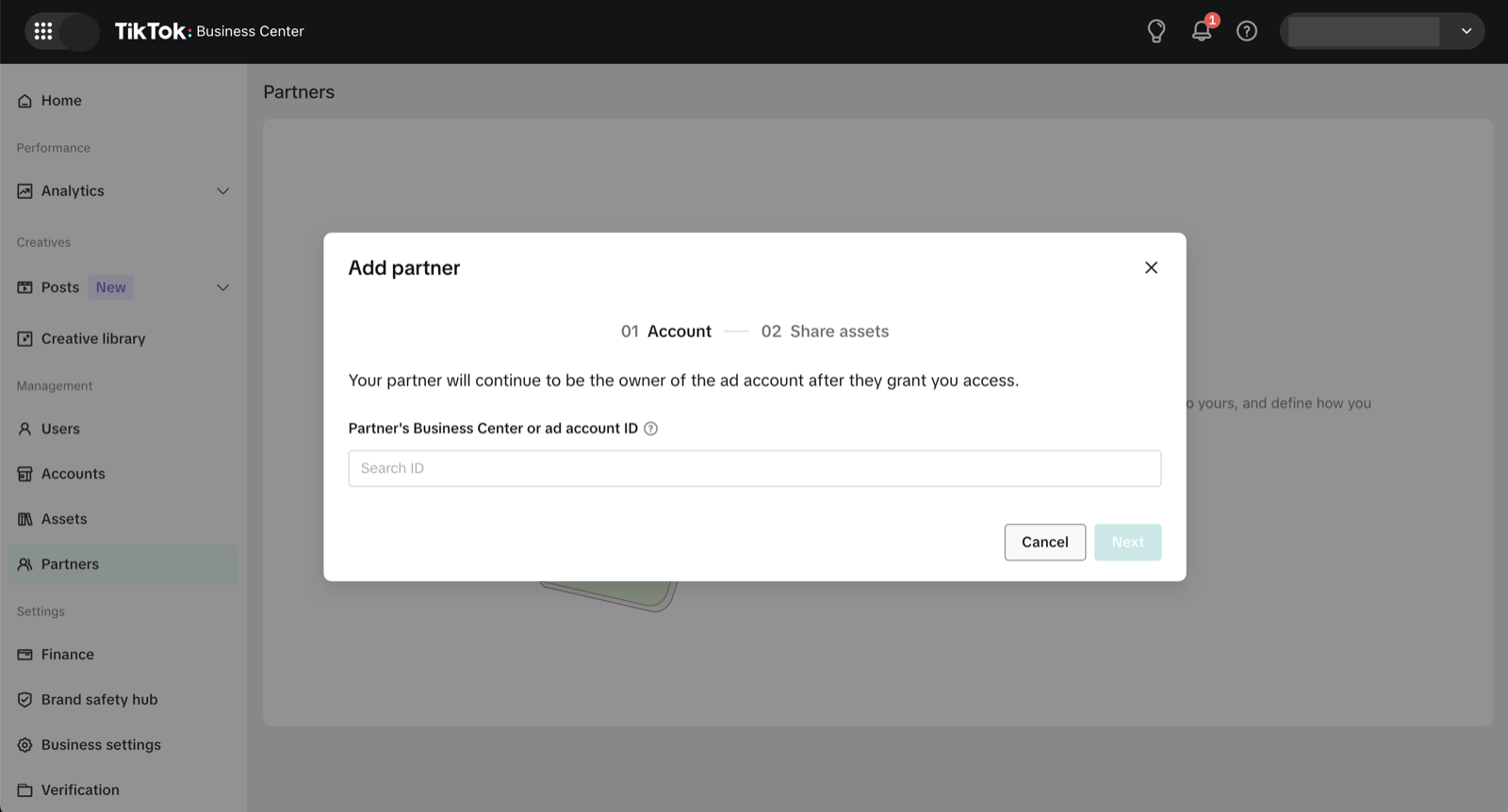 TikTok Business Center 'Add partner' dialog, step 1, with the Partner's Business Center or ad account ID field