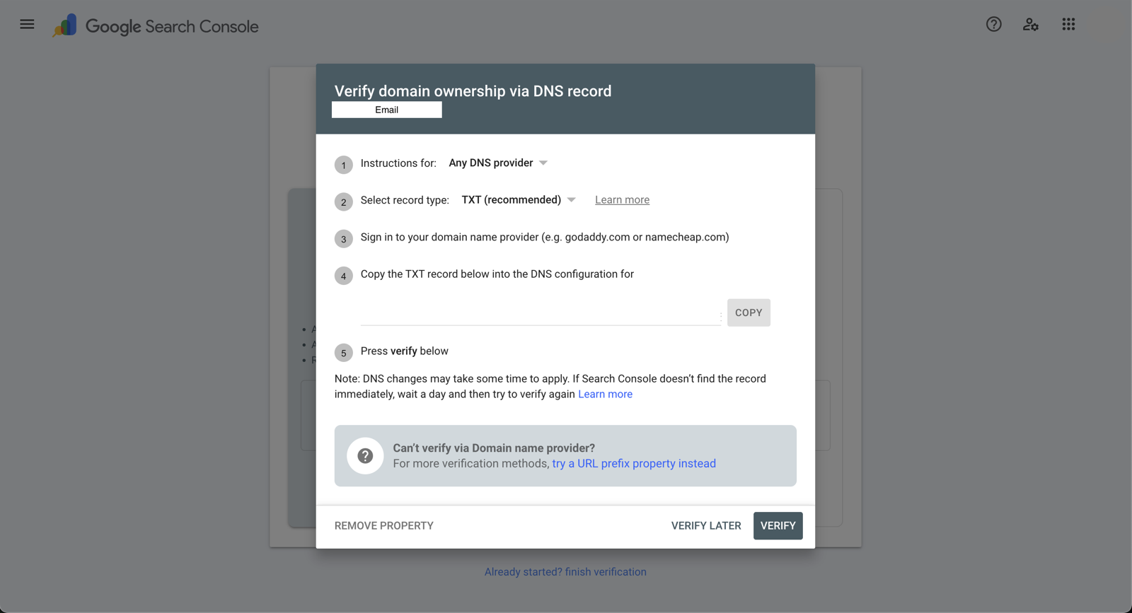 Google Search Console "Verify domain ownership via DNS record" dialog, with record type set to TXT (recommended), a Copy button for the verification string, and a Verify button