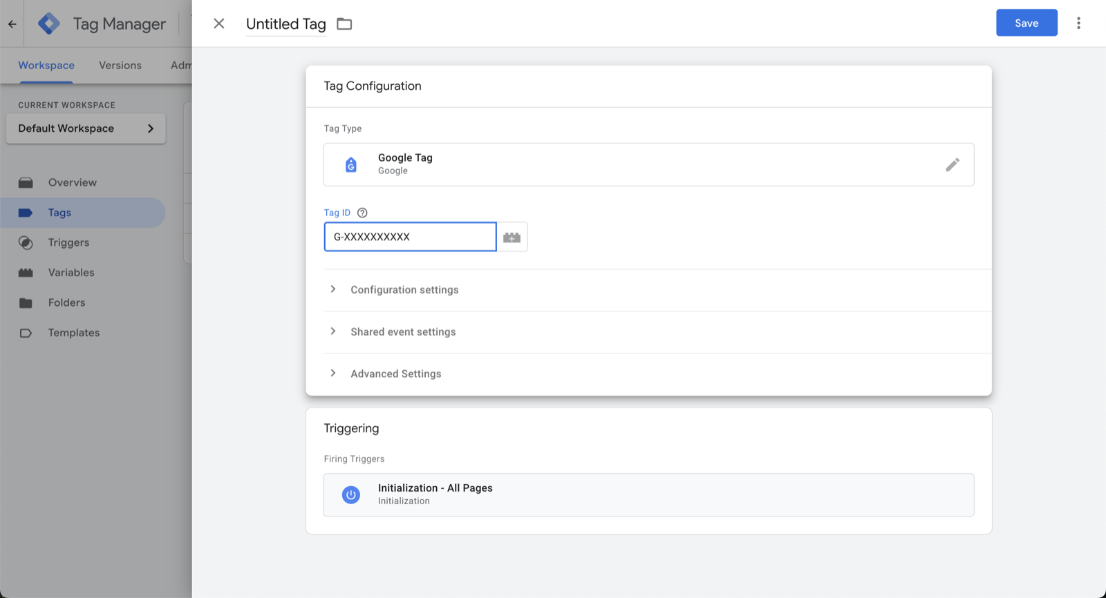 Google Tag Manager Tag Configuration with Tag Type set to Google Tag, the GA4 Measurement ID (G-XXXXXXXXXX) entered as the Tag ID, and an Initialization - All Pages firing trigger attached
