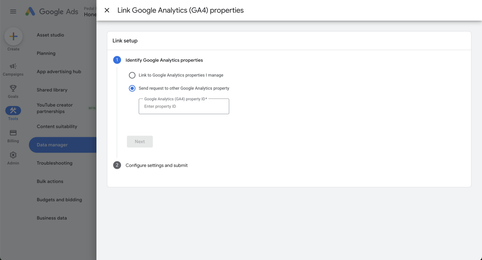 Google Ads "Link Google Analytics (GA4) properties" setup dialog, opened from Tools then Data manager, with options to link a GA4 property you manage or send a link request to another property by entering its GA4 property ID
